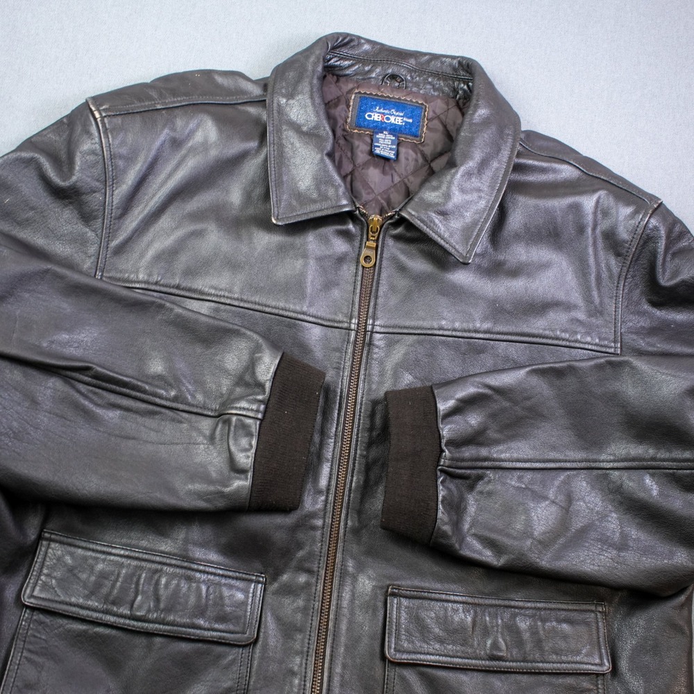 Y2K Cherokee Leather Bomber Jacket Mens XL Brown Quilted Lined Zip Front Pockets